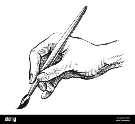 Ink drawing of a hand with a brush Stock Photo - Alamy