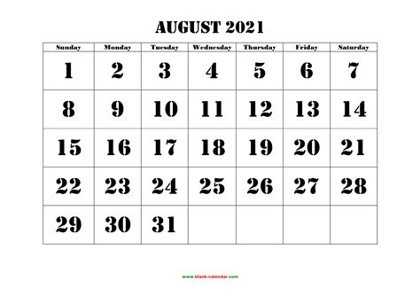 Free Download Printable August 2021 Calendar, large font design ...