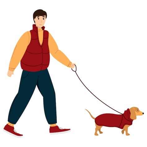 Premium Vector Man Walking With His Cute Dog Dachshund Happy Pet