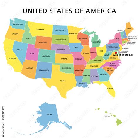 United States of America, multi colored political map. 50 states with ...