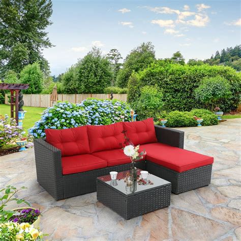 MF Studio 3 Piece Outdoor Rattan Sectional Sofa- Small Patio Wicker ...