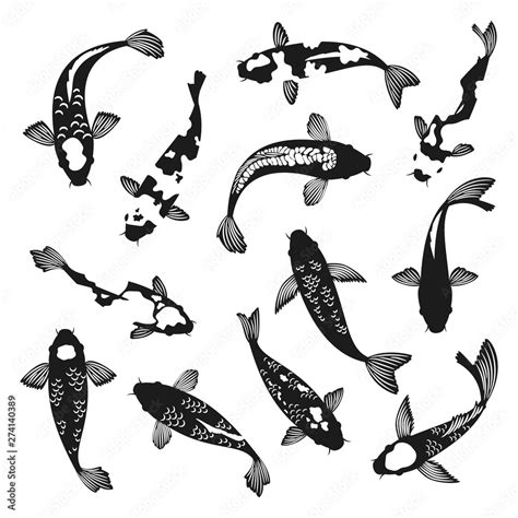 Koi fish silhouettes. Black and white swimming koi carp fishes drawings ...