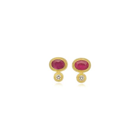 Faceted oval ruby earrings with diamonds - J. McVeigh Jewelry