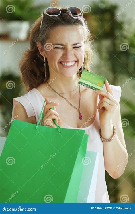 Happy Stylish Woman Shopper in Blouse with Bags Stock Photo - Image of ...