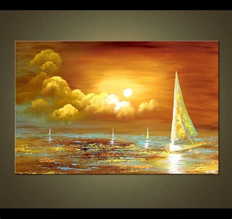 Sailboat Painting Abstract Sunset in Sea Original Acrylic