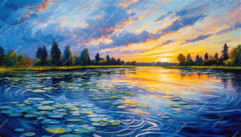 Premium AI Image | A painting of a sunset over a lake with a sunset in ...