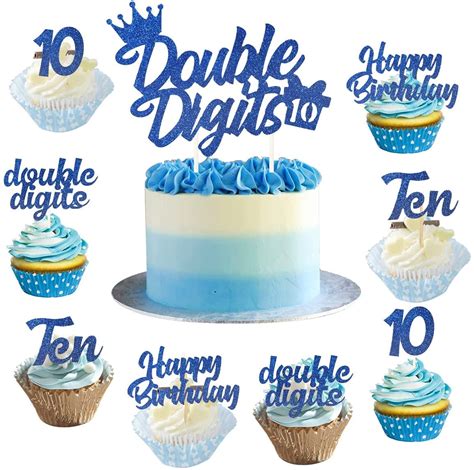 25Pcs 10th Birthday Cake Decorations Blue, Double Digits Ten Cupcake ...