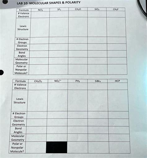 SOLVED: LAB 10: MOLECULAR SHAPES POLARITY Formula # Valence Electrons ...