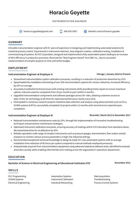 Instrumentation Engineer Resume (CV) Example and Writing Guide