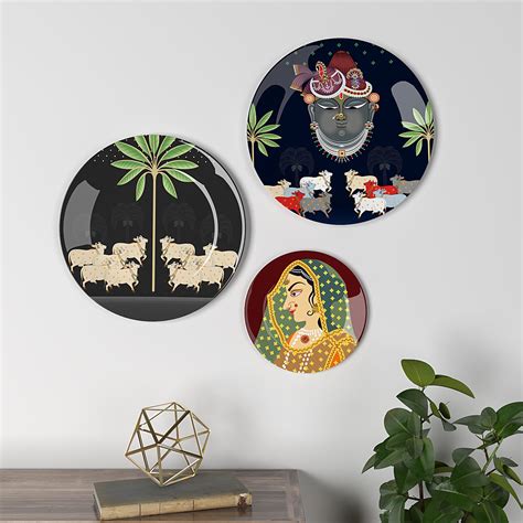 Decorative Wall Plates In Radha Krishna Pichhwai Design Set Of 3 ...