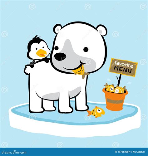 Cartoon of Polar Bear and Penguin with Lots of Fish Stock Vector ...