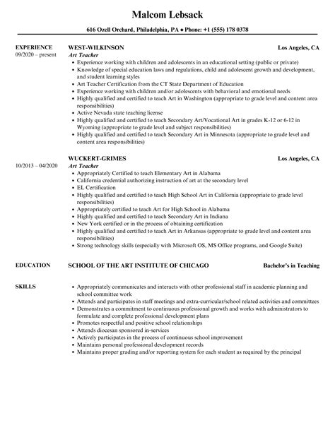 Art Teacher Resume Samples | Velvet Jobs