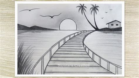 Beautiful Sunset Nature drawing with pencil sketch, Easy Pencil Drawing ...