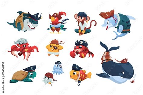 Pirate sea animals. Cartoon nautical animals wearing pirate hats and ...