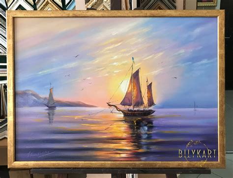 Boat Sailing Into Sunset Oil Painting Calming Artwork Gold - Etsy