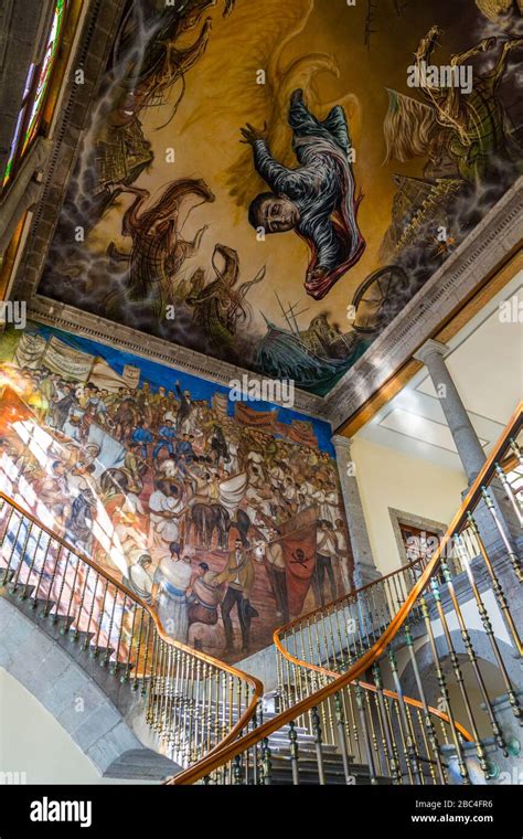 Main, marble staircase, adorned with Mexican murals and stain glass, at ...