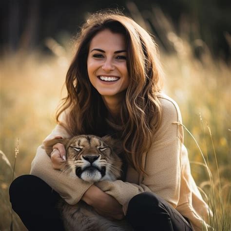 Premium Photo | Smiling woman hugging a lion cub