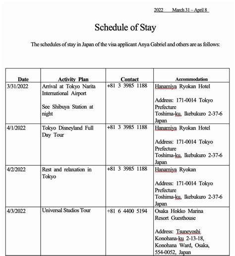 Japan Visa Schedule of Stay Sample (Daily Schedule Form)