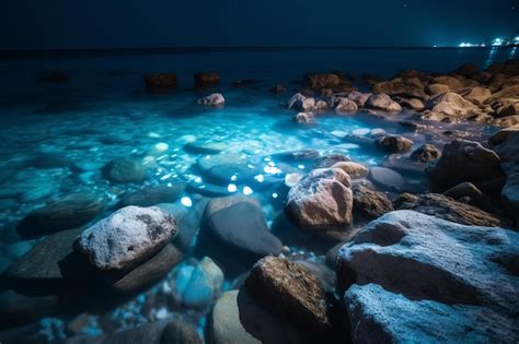 Premium AI Image | Bioluminescence maldives water rocks Generate Ai