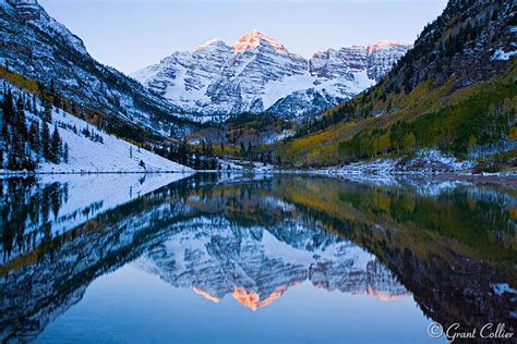 Maroon Bells, Colorado winter, snow, sunrise