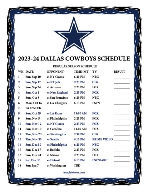 Dallas Cowboys 2023 2024 Schedule Printable