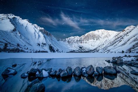 Download Stone Reflection Lake Mountain Snow Star Sky Nature Winter HD ...