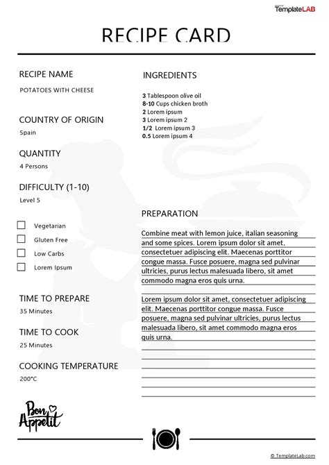 Downloadable Recipe Card Template For Word