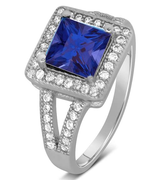 Designer 2 Carat Princess cut Blue Sapphire and Diamond Halo Engagement ...