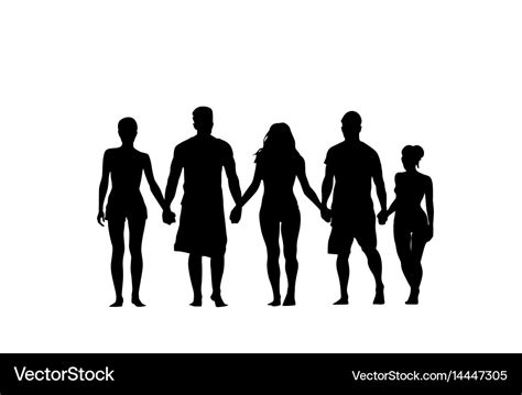 Silhouette people group stand holding hands man Vector Image