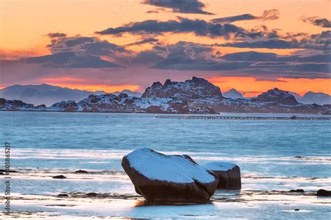 Typical winter sunset in the fjords. Lofoten Islands, Norway Stock ...