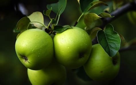 Premium Photo | Green apples on a tree with green leaves