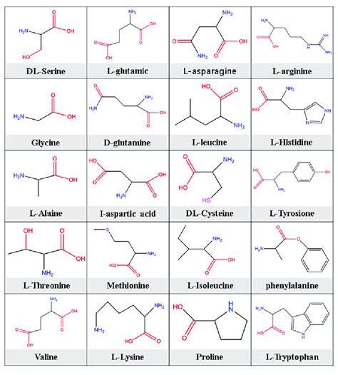 Molecular structure of common amino acids that can be extracted from ...