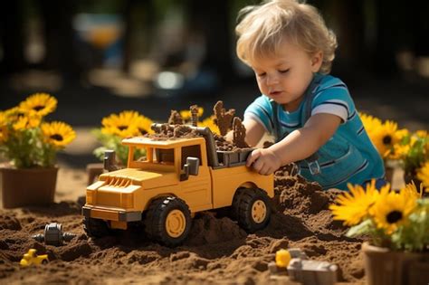 Premium Photo | A child playing with a yellow truck in the sand