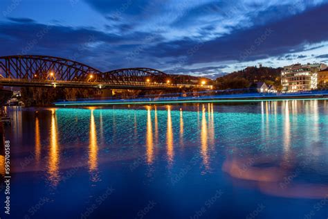 Night city of Prague, long exposure, embankment, Vyšehrad, railway ...