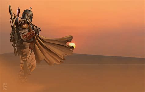 HD wallpaper: Star Wars, artwork, Boba Fett, sunset, orange color, sky ...