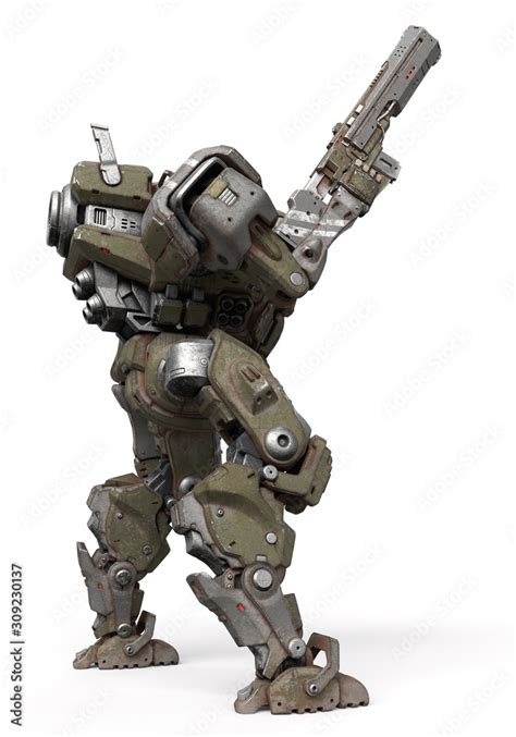 Sci-fi mechanical mech soldier standing with assault gun in one hand ...