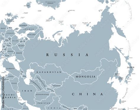 Eurasia political map with countries and borders. Combined continental ...