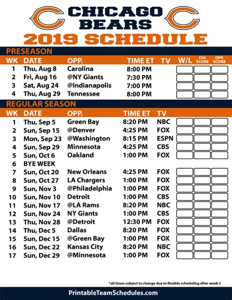 Printable Chicago Bears Schedule 2023