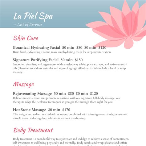 Spa Menu Templates and Designs from iMenuPro