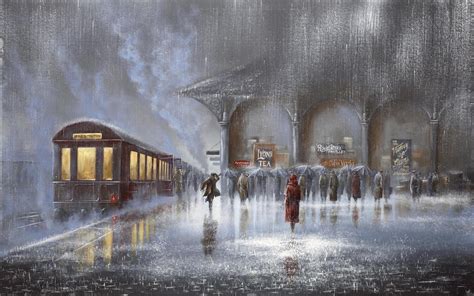 Rainy day - beautiful painting people in the rain station