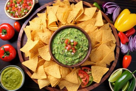 Premium AI Image | Overhead view of guacamole salsa and chips on a ...