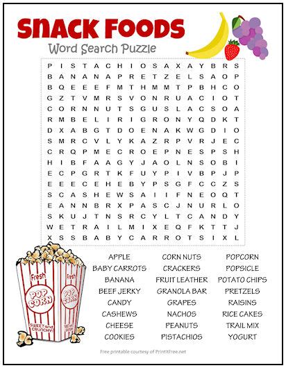 Snack Foods Word Search Puzzle | Print it Free