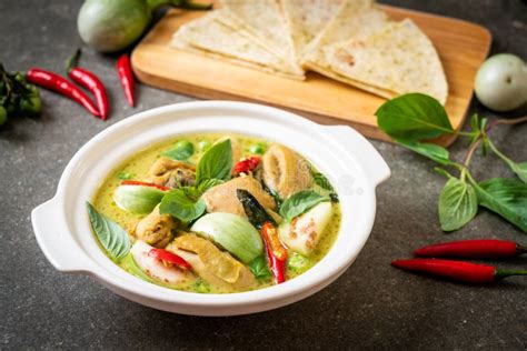 Roti and Green Curry with Chicken Stock Photo - Image of delicious ...