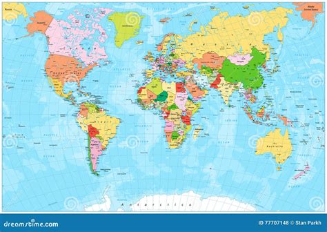 Detailed Political World Map with Capitals, Rivers and Lakes Stock ...