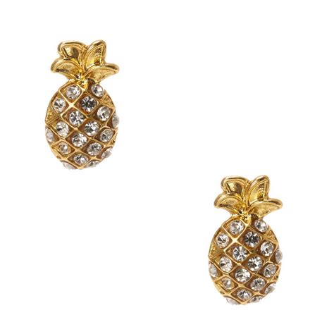 Gold Rhinestone Studded Pineapple Stud Earrings | Claire's US