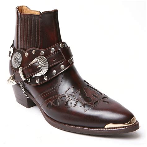 ﻿Men's brown real Leather contrast patch studded side zip western ankle ...