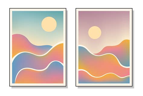 Set of three abstract art posters. Nature and sunset. Hand drawn ...