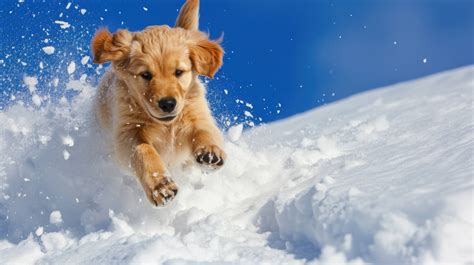 Golden Retriever puppy playing in snow, cute puppy in winter, dog ...