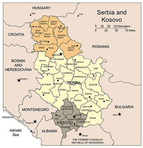 Serbia and Kosovo, PowerPoint Map, Administrative Districts, Capitals ...