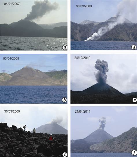 a-f. Photographs showing a timeline of eruptions of the Barren Island ...